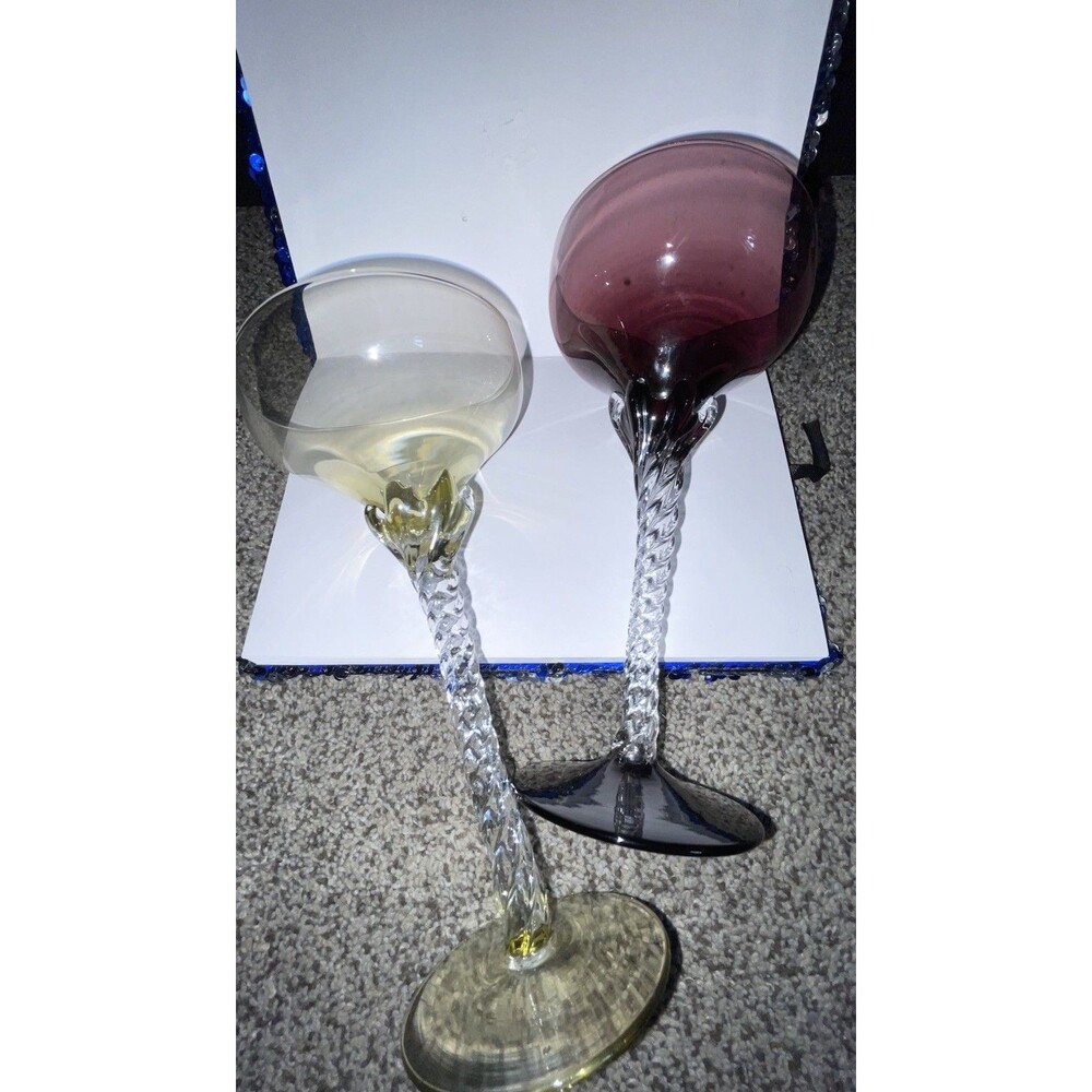 Vintage  Twisted Stem Coupe Glasses Set 2 Amethyst Yellow Hand Blown